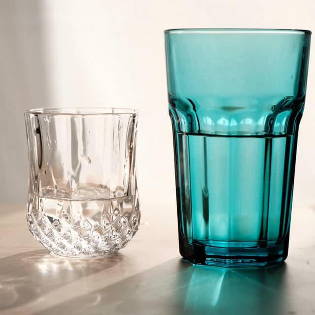 A small textured clear glass sits next to a larger teal fluted glass, both partially filled with water, illuminated by soft sunlight casting reflections on a neutral surface